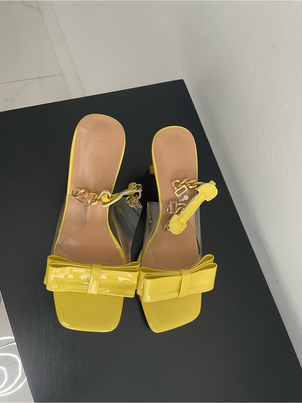 Yellow Bow Block-Heel Sandals with Gold Chain Accent